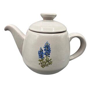 Frankoma Teapot Lupin Bluebonnet 6T White Blue Floral Holds 5 Cups Cottage Rare!